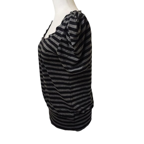 Decree Black Grey Striped 90s y2k Top Women's Large Ruched Sleeves - Picture 2 of 7